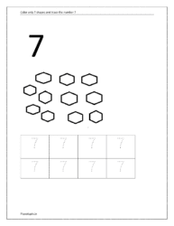 Color only 7 shapes and trace the number 7 given in the preschool worksheet