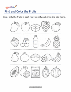 Kindergarten fruit recognition worksheet with coloring activity