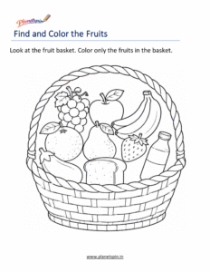 Free kindergarten printable worksheet to find and color fruits