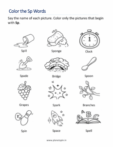 color pictures beginning with sp blends worksheet