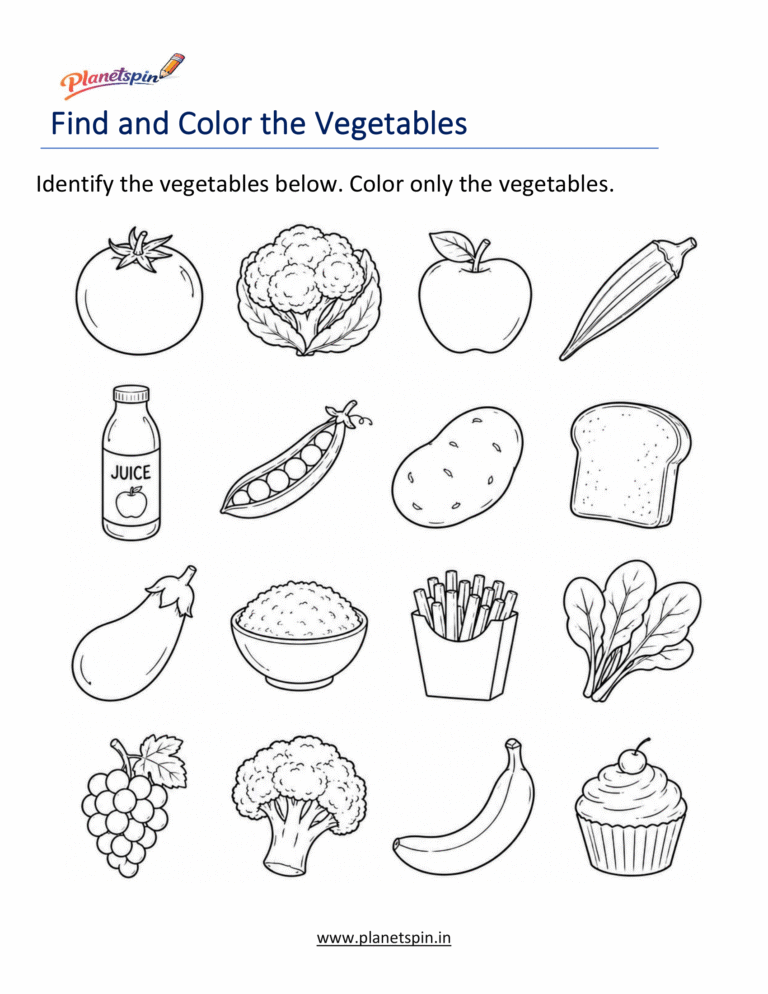 Find and color the vegetables worksheets | Planetspin.in