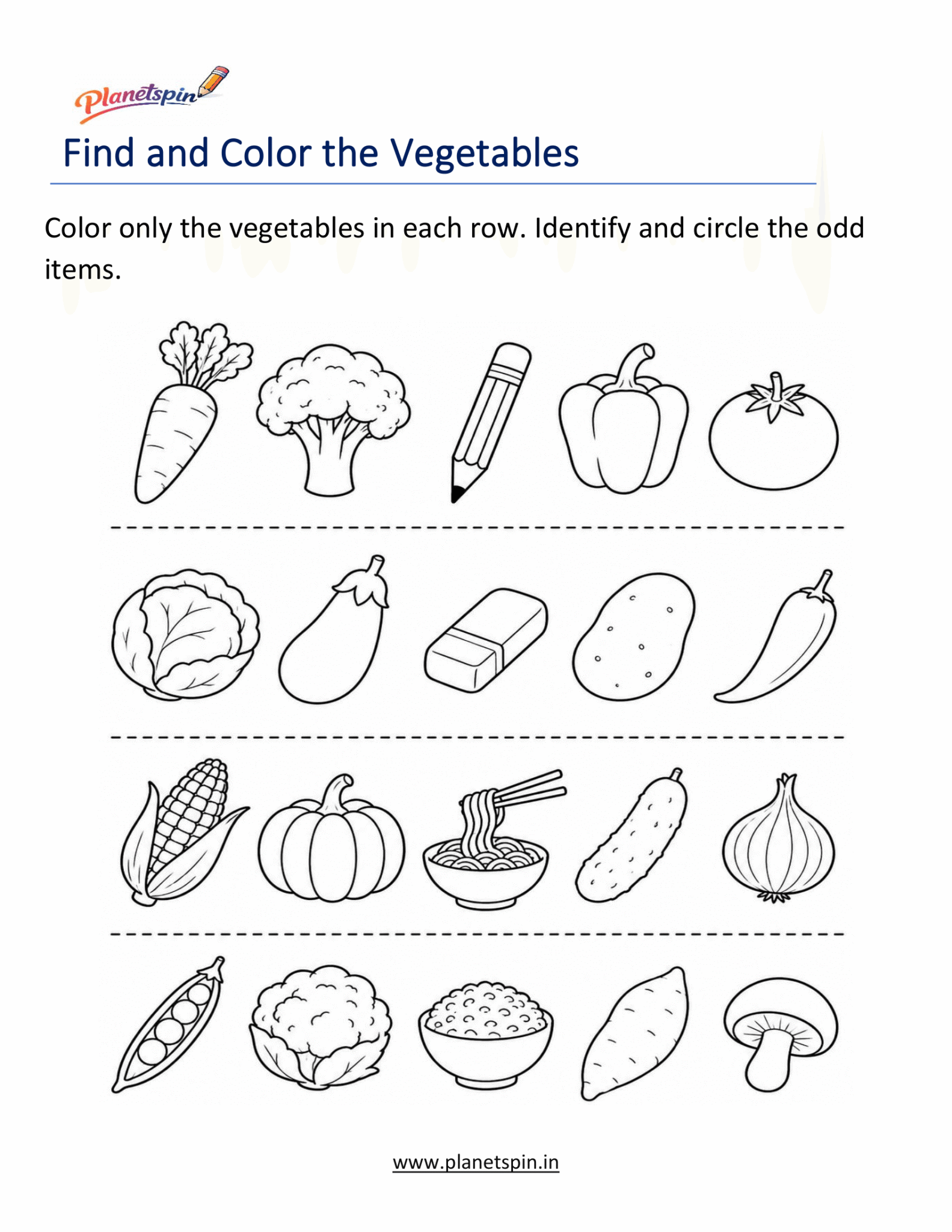Find and color the vegetables worksheets | Planetspin.in