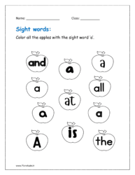 a: Color all the apples with the sight word ‘a’