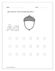 Color the acorn and trace the lowercase letter a worksheets