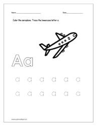 Color the aeroplane and trace the lowercase letter a