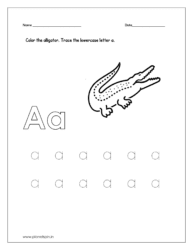 Color the alligator and trace the lowercase letter a