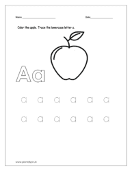 Color the apple and trace the lowercase letter a in the sheet