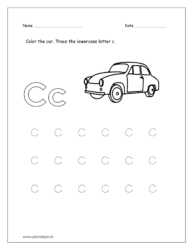 Color the car and trace the lowercase letter c.