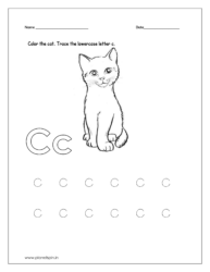 Color the cat and trace the lowercase letter c.
