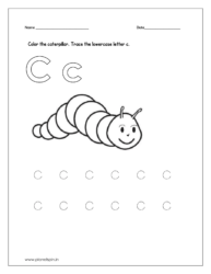 Color the caterpillar and trace the lowercase letter c.