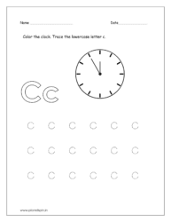 Color the clock and trace the lowercase letter c.