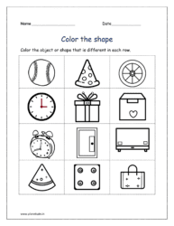 Different shape: Color the object or shape that is different in each row