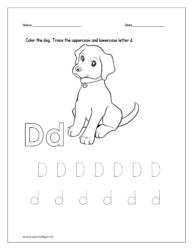 Color the dog and trace the uppercase and lowercase letter d.