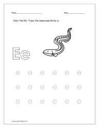 Color the eel and trace the lowercase letter e.