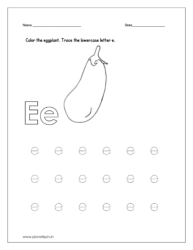 Color the eggplant and trace the lowercase letter e.