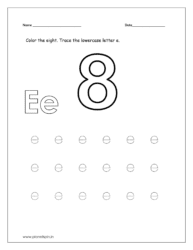 Color the eight and trace the lowercase letter e.