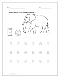 Color the elephant and trace the lowercase letter e.