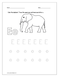 Color the elephant and trace the uppercase and lowercase letter e.