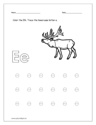 Color the elk and trace the lowercase letter e.