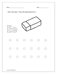 Color the eraser and trace the lowercase letter e.