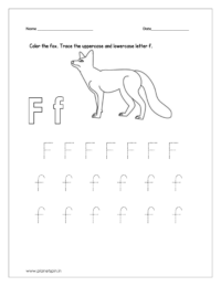 Color the fox and trace the uppercase and lowercase letter f.