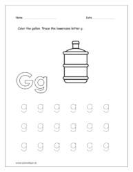 Color the gallon and trace the lowercase letter g.