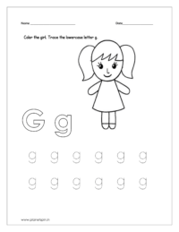 Color the girl and trace the letter.