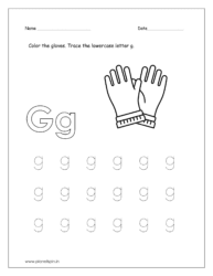Color the gloves and trace the lowercase letter g.