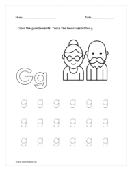 Color the grandparents and trace the lowercase letter g.