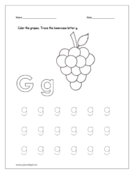 Color the grapes and trace the lowercase letter g.