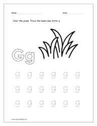 Color the grass and trace the lowercase letter g.