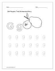 Color the guava and trace the lowercase letter g.