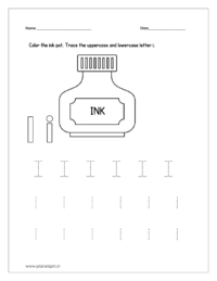Color the ink pot and trace the uppercase and lowercase letter i.