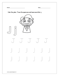 Color the joker and trace the uppercase and lowercase letter j.