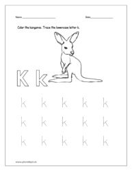 Color the kangaroo and trace the lowercase letter k.