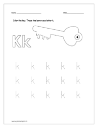 Color the key and trace the lowercase letter k.