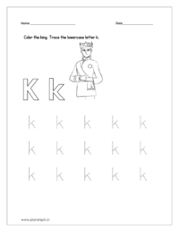Color the king and trace the lowercase letter k.