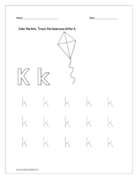 Color the kite and trace the lowercase letter k.