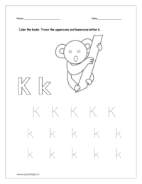 Color the koala and trace the uppercase and lowercase letter k.