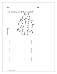 Color the ladybug and trace the lowercase letter l.