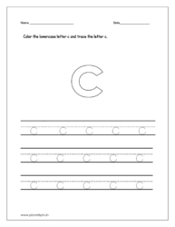 Color the lowercase letter c and trace the lowercase letter c on four line worksheets.