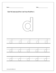 Color the lowercase letter d and trace the lowercase letter d on four line worksheet.