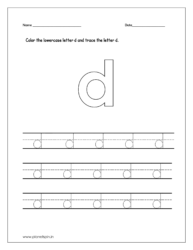 Color the lowercase letter d and trace the lowercase letter d on four line.