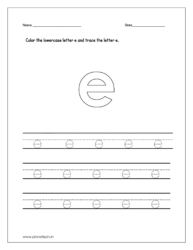 Color the lowercase letter e and trace the lowercase letter e on four line worksheet.