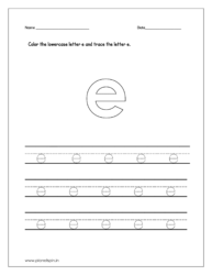 Color the lowercase letter e and tracing  the lowercase letter e on four line worksheets.