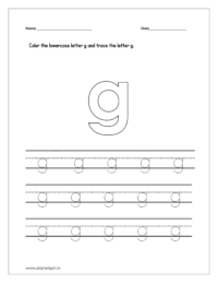 Color the lowercase letter g and trace the lowercase letter g on four line worksheet.