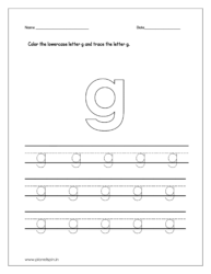 Color the lowercase letter g and trace the lowercase letter g on four line preschool worksheet.