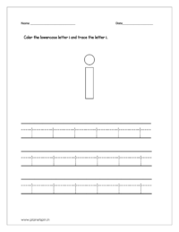 Color the lowercase letter i and trace the lowercase letter i on four line worksheet.