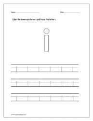 Color the lowercase letter i and trace the lowercase letter on four line sheet.