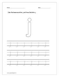 Color the lowercase letter j and trace the lowercase letter j on four line worksheet.